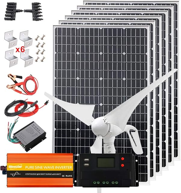 100 Watt Solar Wind Power System 12V with 200W Inverter:1x 400W Wind Turbine Generator +6pcs 100W Mono Solar Panel High Efficiency + LCD Charge Controller +Cables + Bracket Recensie