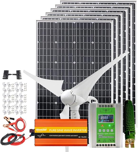100W Solar Wind Generator Kit 12V Battery Charger: 6pcs 100W Monocrystalline Solar Panel + 400W Wind Turbine Generator + Hybrid MPPT Charge Controller + 200W Power Inverter + Bracket Recensie