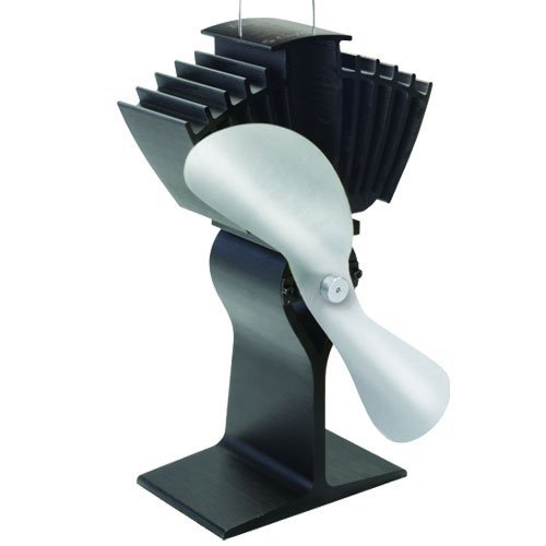 Futuristic fan prototype with sleek design and aerodynamic metallic blades on a black stand.