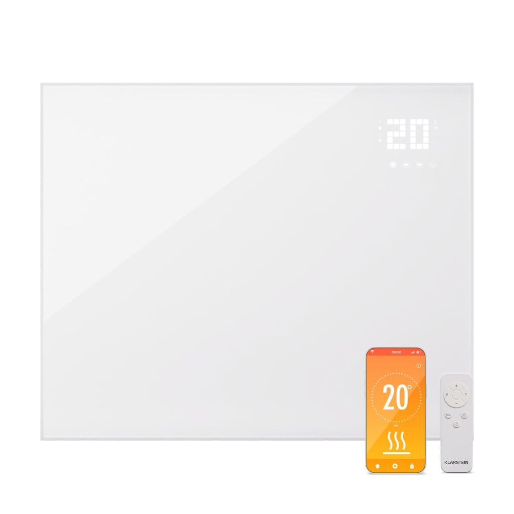Smart heating panel with digital display, smartphone app, and remote control for modern climate management.