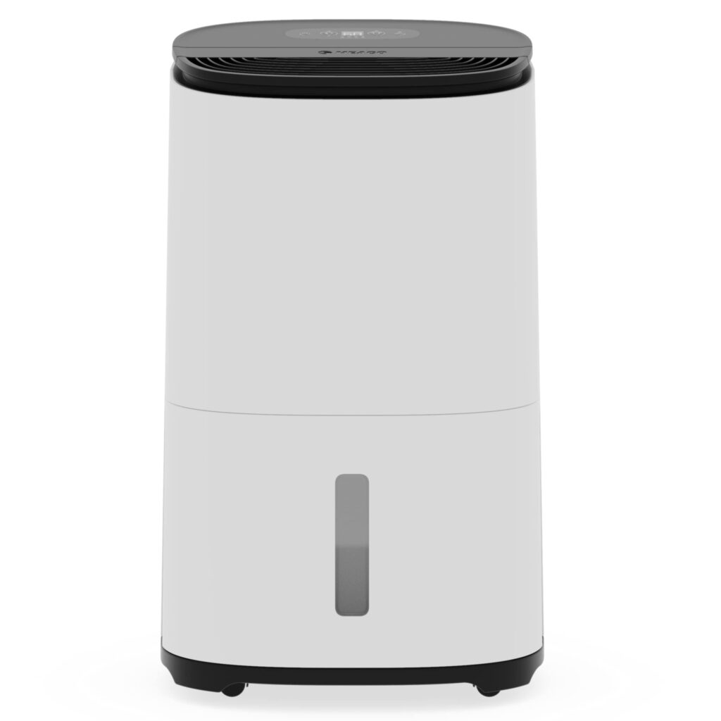 Sleek modern home dehumidifier with control panel, water level window, and wheeled base for mobility.
