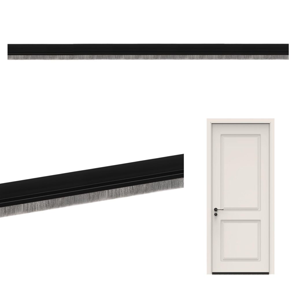 Modern door with black handle and weatherstrip for draft protection and insulation.