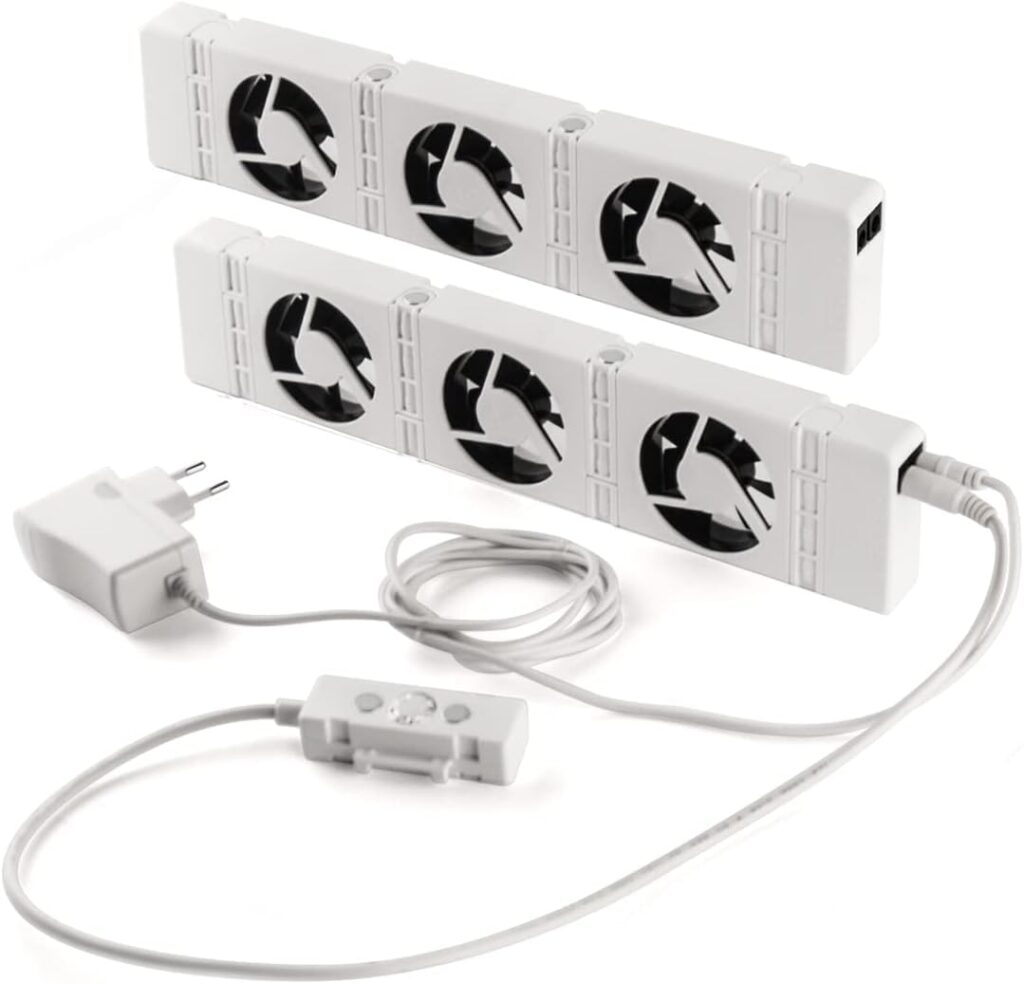 Modular white air devices with fan features, sleek design, power adapter, and control module.