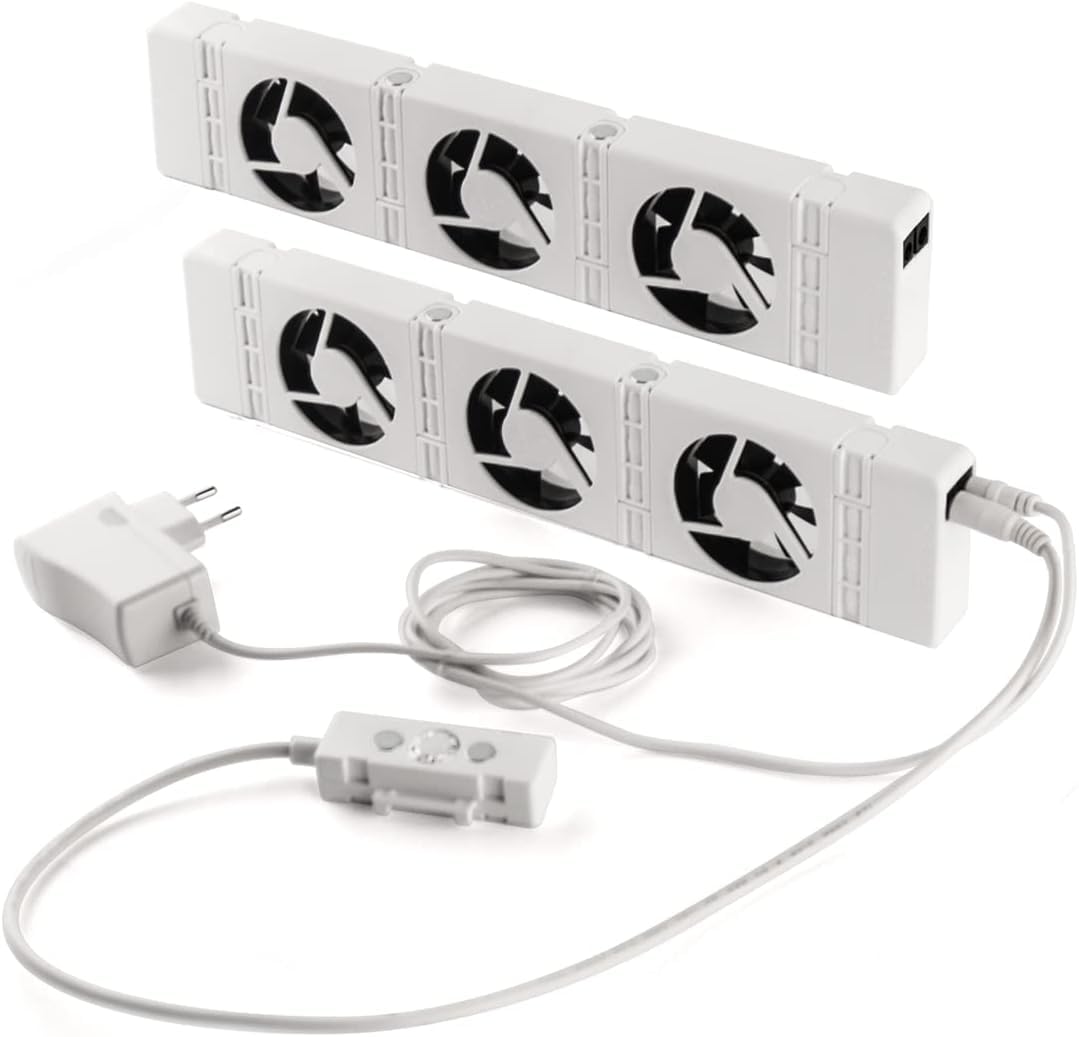 SpeedComfort Starter Duo Set 2-delig Recensie: Beste Radiatorfan? 4 Modular white air devices with fan features, sleek design, power adapter, and control module.