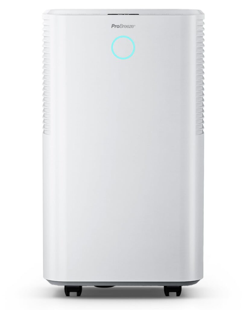 ProBreeze air purifier, modern design, white, illuminated button, rounded edges, sleek home appliance.