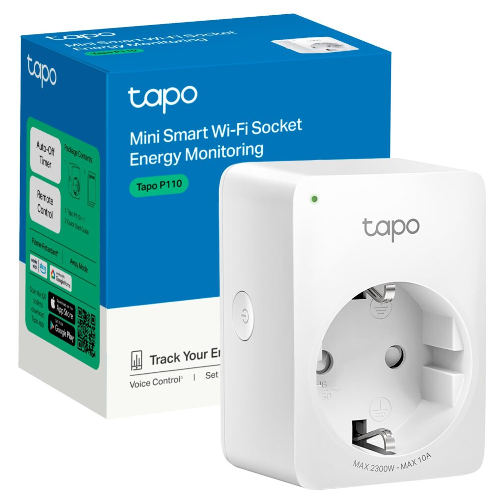Tapo P110 Smart Socket: Energy monitoring, voice control, and safety features.