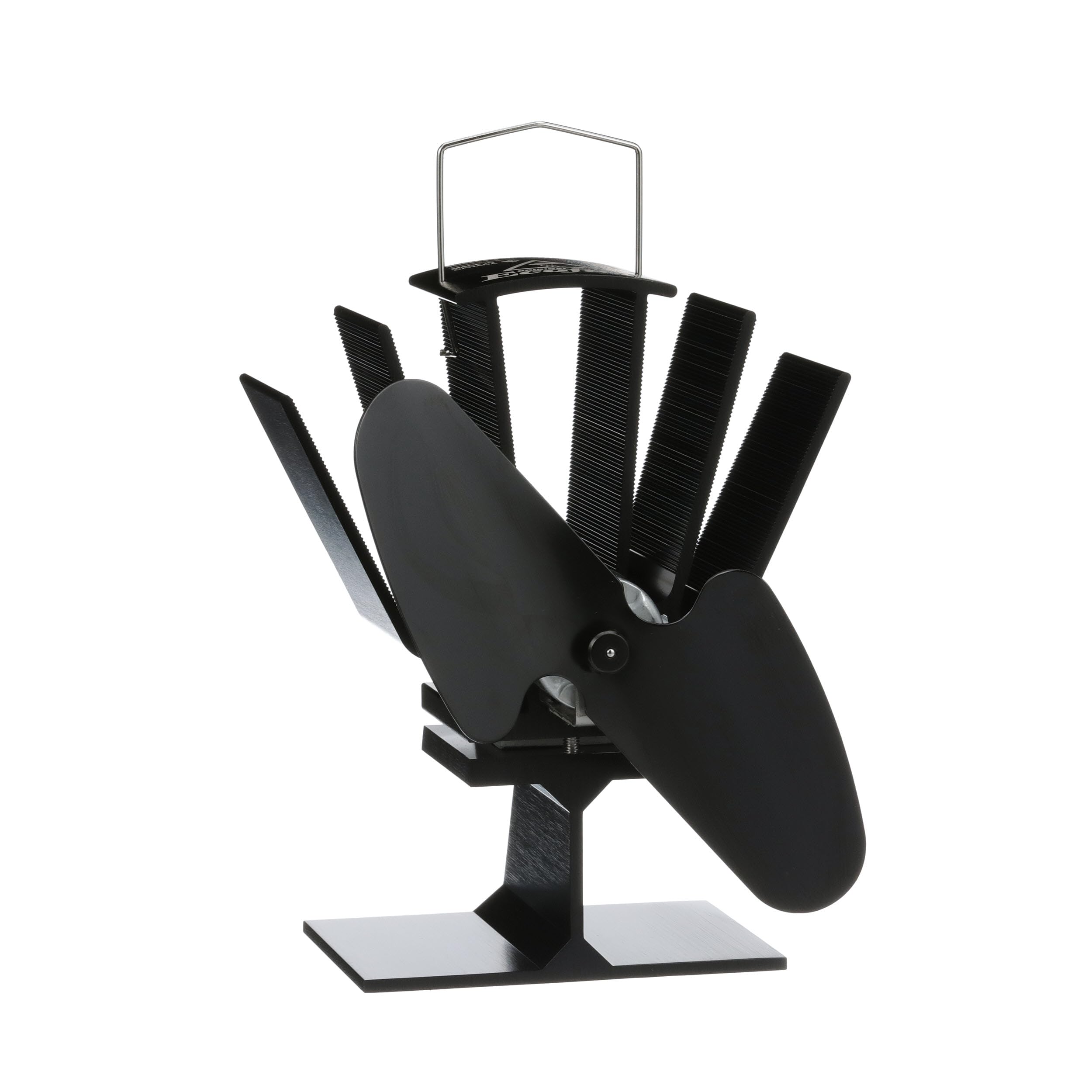 Ecofan Originele Mini 815CAXBX Recensie: Beste Houtkachelventilator? 1 Abstract black sculpture with comb-like elements, blades, and metallic loop; modern industrial design.