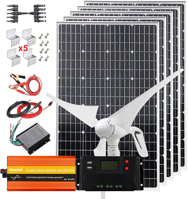 900 Watt Solar Wind Power Kit 12V Complete System with 200W Inverter: 1x 400W Wind Turbine Generator +5pcs 100W Mono Solar Panel High Efficiency + Charge Controller +Cables + Bracket Recensie