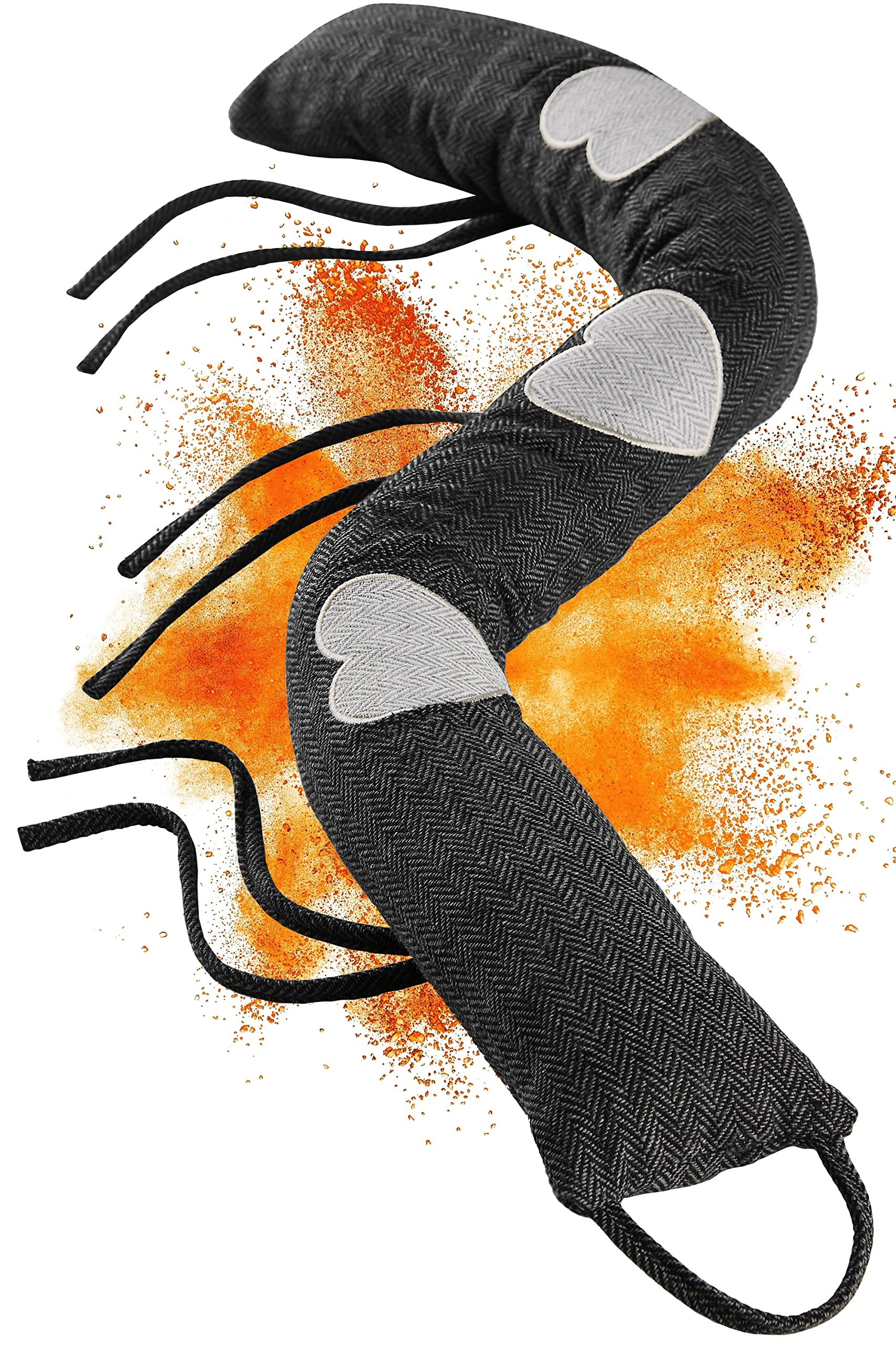 Intricate gray fabric with heart patches, black cords, and vibrant orange burst background.
