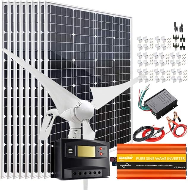 Zonnepaneelkit, 1200W Solar Wind House Kit: 8X 100W zonnepaneel + 400W windturbinegenerator + laadregelaar + beugels + kabels + Recensie