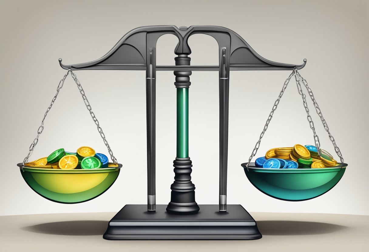 A scale weighing down on one side, representing lower variable energy rates, while a question mark hovers over the other side, symbolizing the decision of whether it is wise to choose it