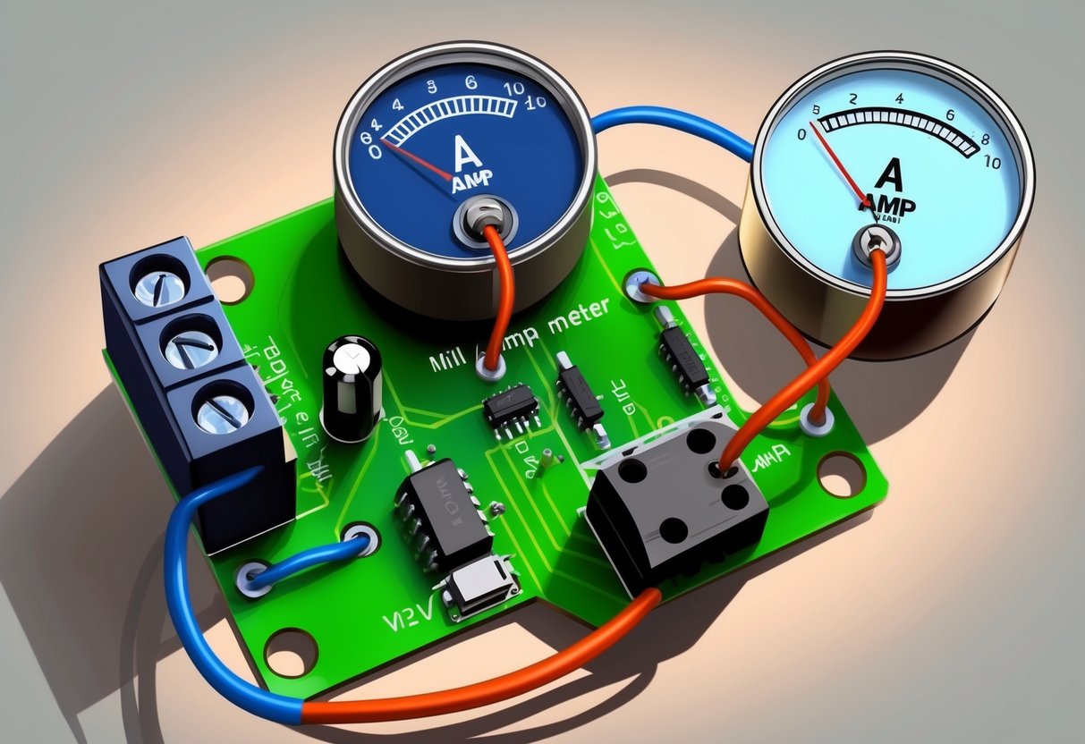 Een printplaat met een stroom die van een milliampèremeter naar een ampèremeter stroomt