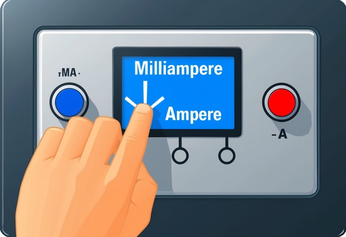 Een digitaal apparaat met een draaiknop die van een milliampère-symbool naar een ampère-symbool wordt gedraaid.