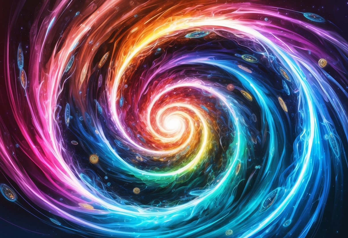 Energie informatie: 7 essentiële feiten die je vandaag moet weten 3 Een kleurrijke draaiende vortex van energie vormt en informatiedeeltjes vermengen zich in een dynamische en chaotische dans