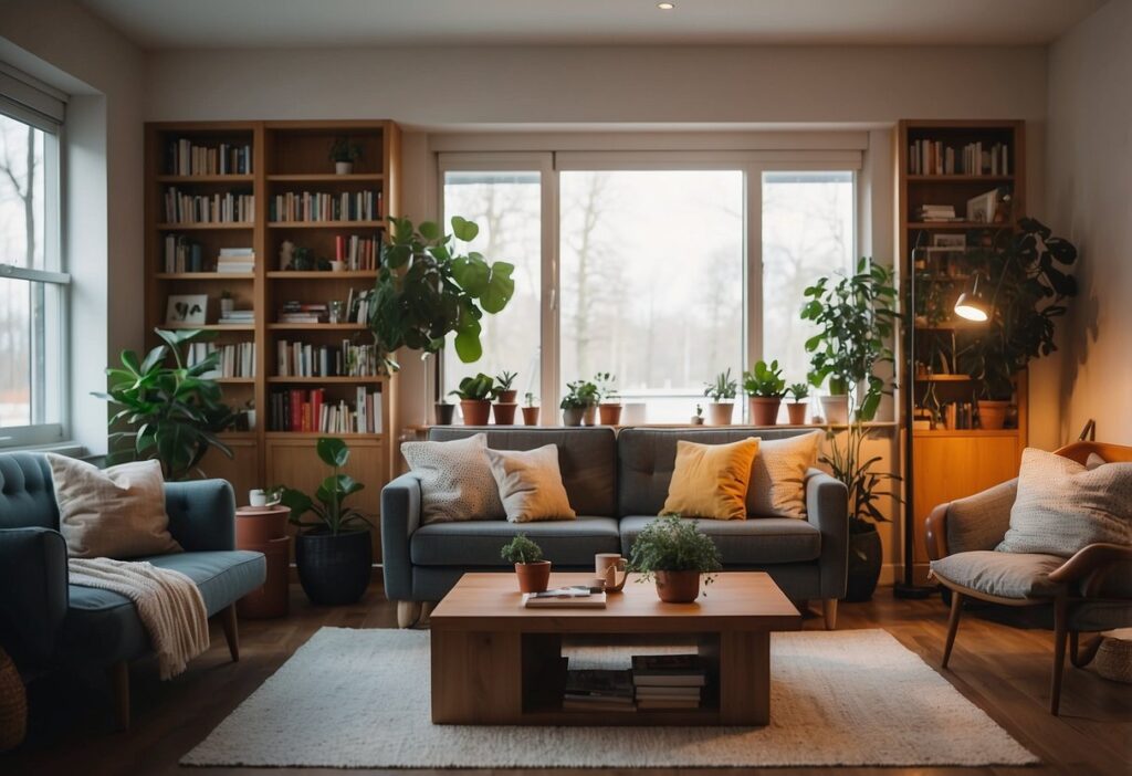 Aardgasvrij wonen in 2026: warmtepomp, warmtenet en stappenplan 2 Cozy living room with natural light, wooden furniture, plants, and books for a relaxing atmosphere.
