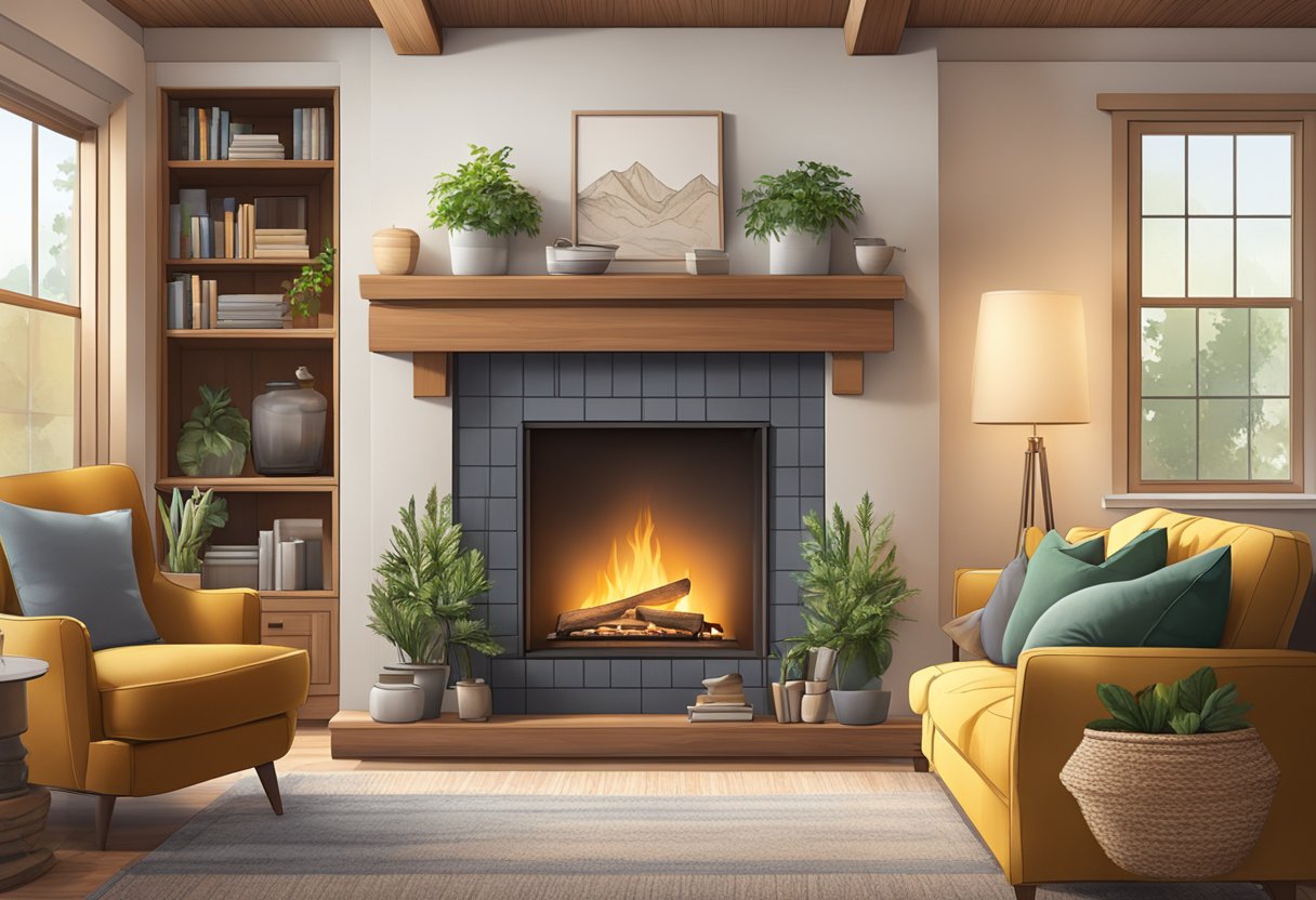 A cozy living room with a crackling fireplace, emitting sustainable warmth throughout the space