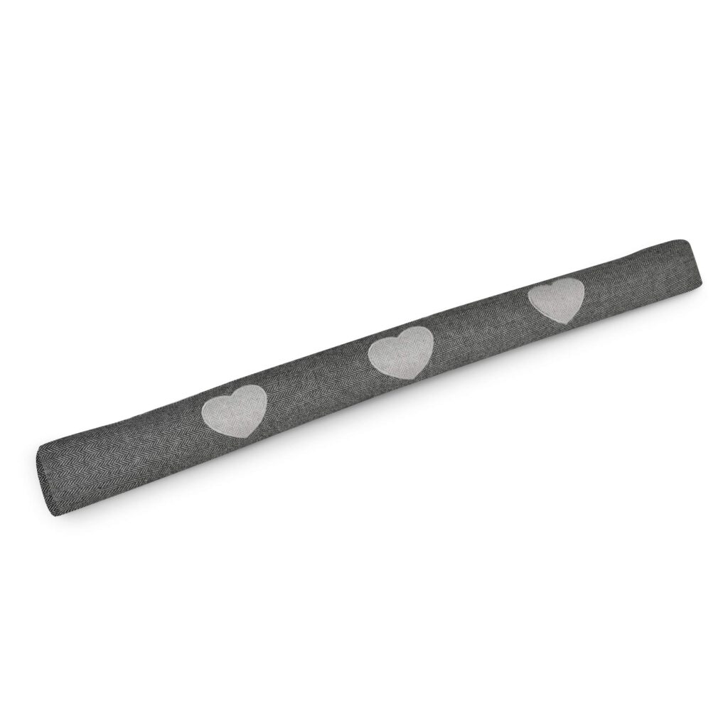 Gray draft stopper with heart designs for door draft prevention and decoration.