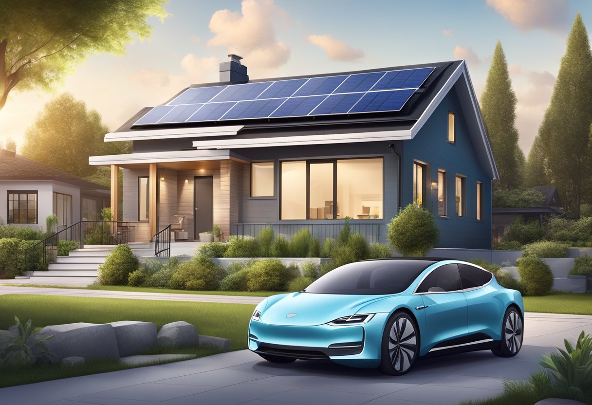 An all-electric home with solar panels on the roof, electric car in the driveway, and energy-efficient appliances