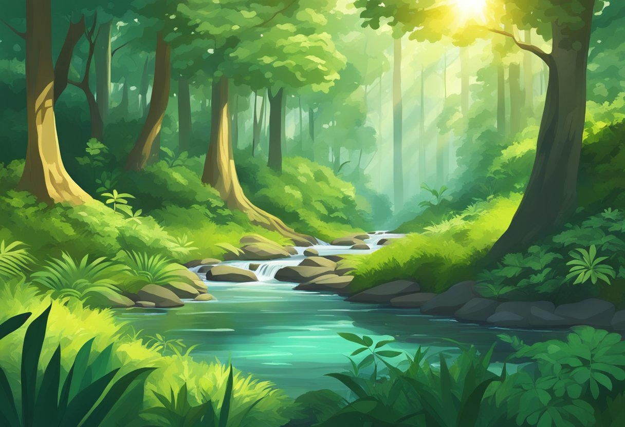 A lush green forest with sunlight filtering through the canopy, while a small stream flows peacefully, surrounded by various plants and trees