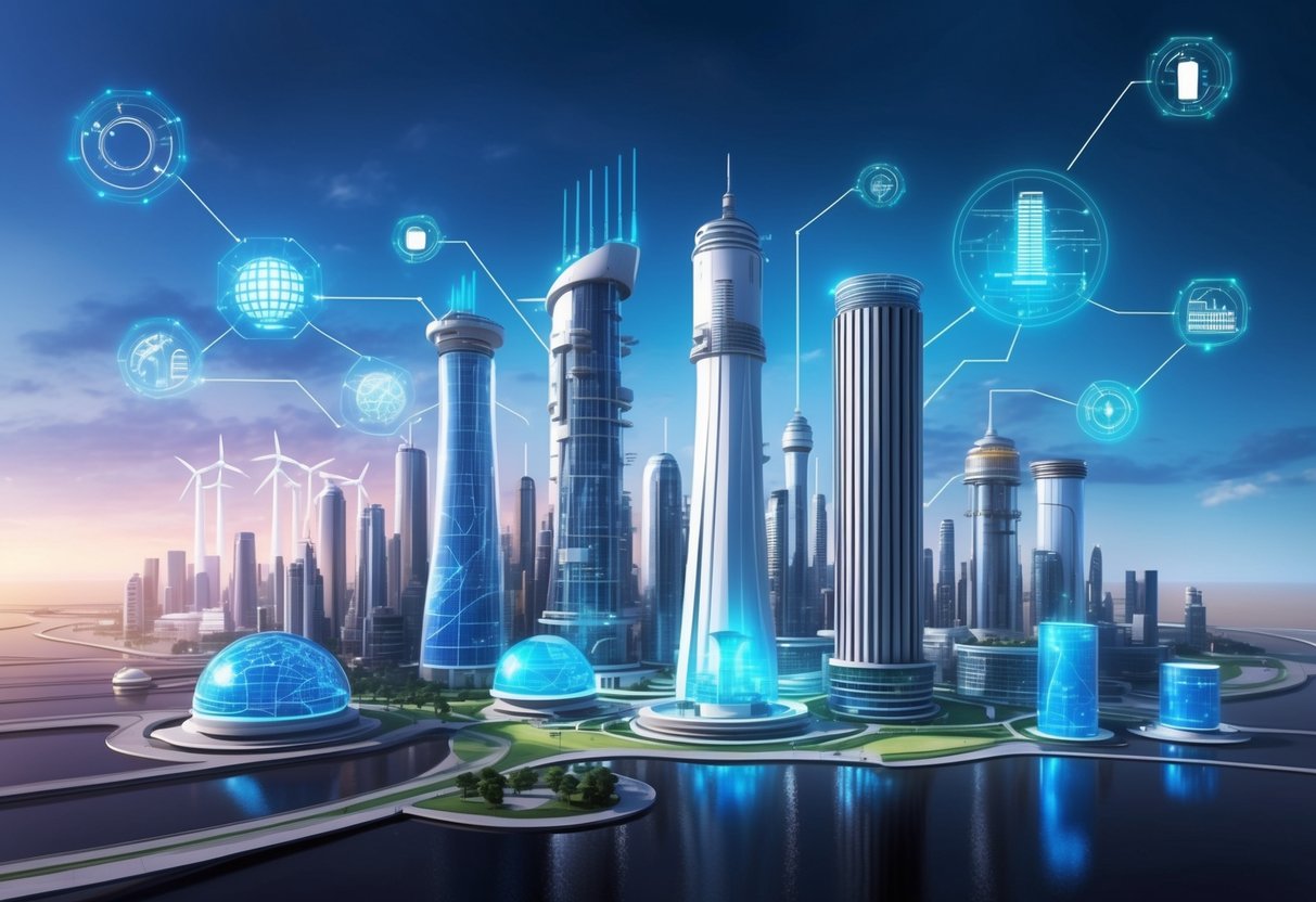 Energie informatie: 7 essentiële feiten die je vandaag moet weten 6 Een futuristische stadsgezicht met hernieuwbare energiebronnen en informatiehubs