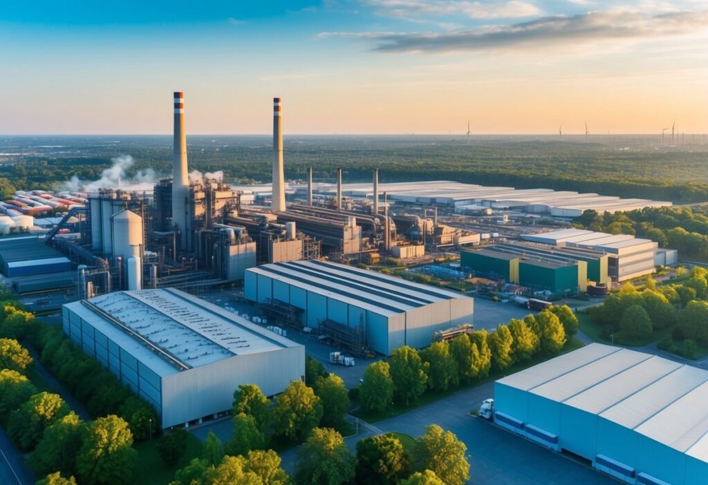 Industrial complex amidst green landscape, features chimneys, warehouses, trees, wind turbines, clear sky.