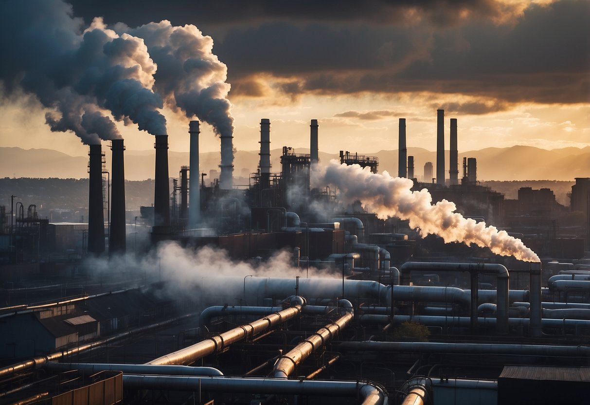 A city skyline with steam rising from pipes, surrounded by buildings. Some buildings have energy-efficient labels, while others have smokestacks emitting pollution