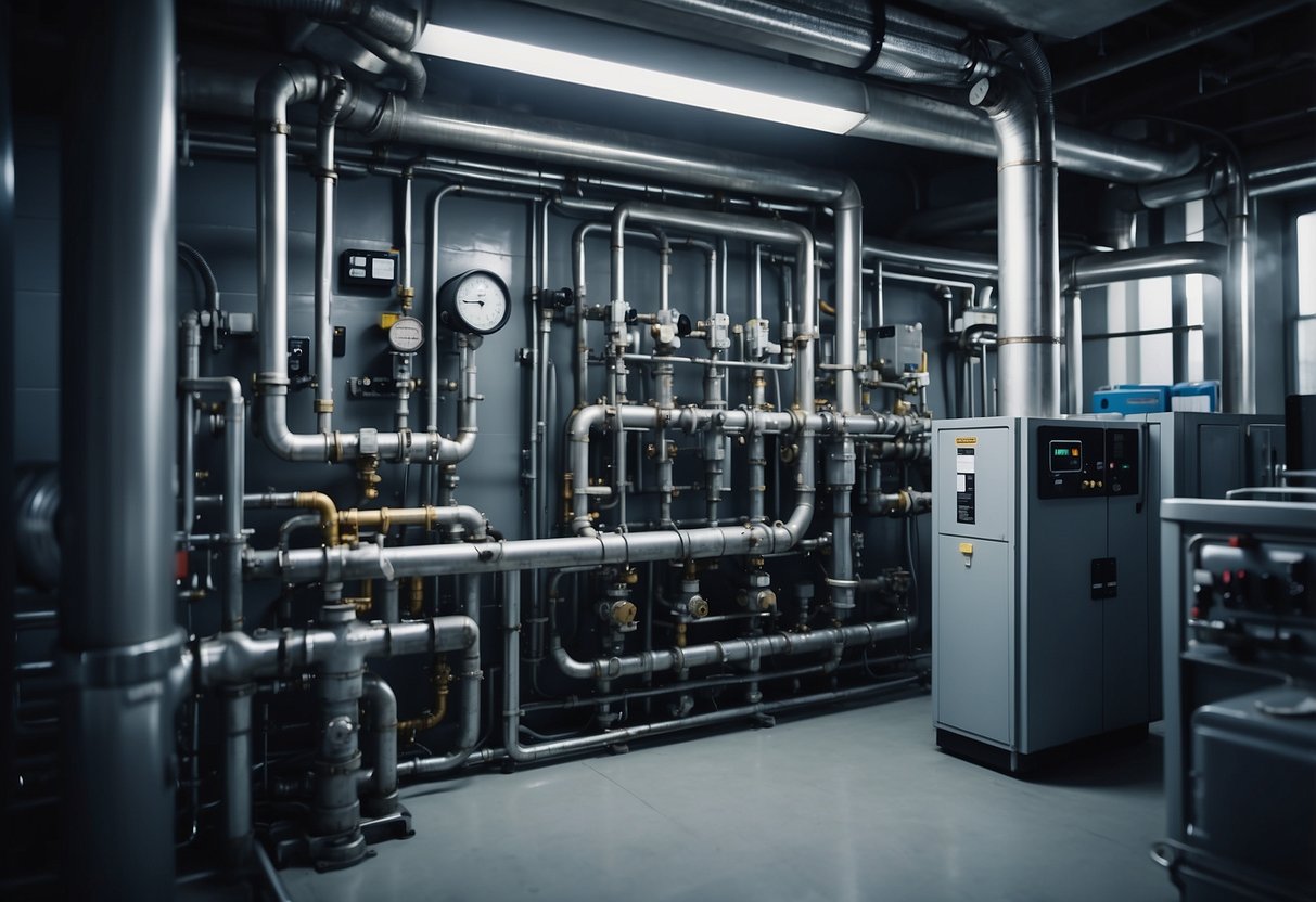 A network of pipes and valves connects to a large heating unit, surrounded by machinery and control panels in a utility room