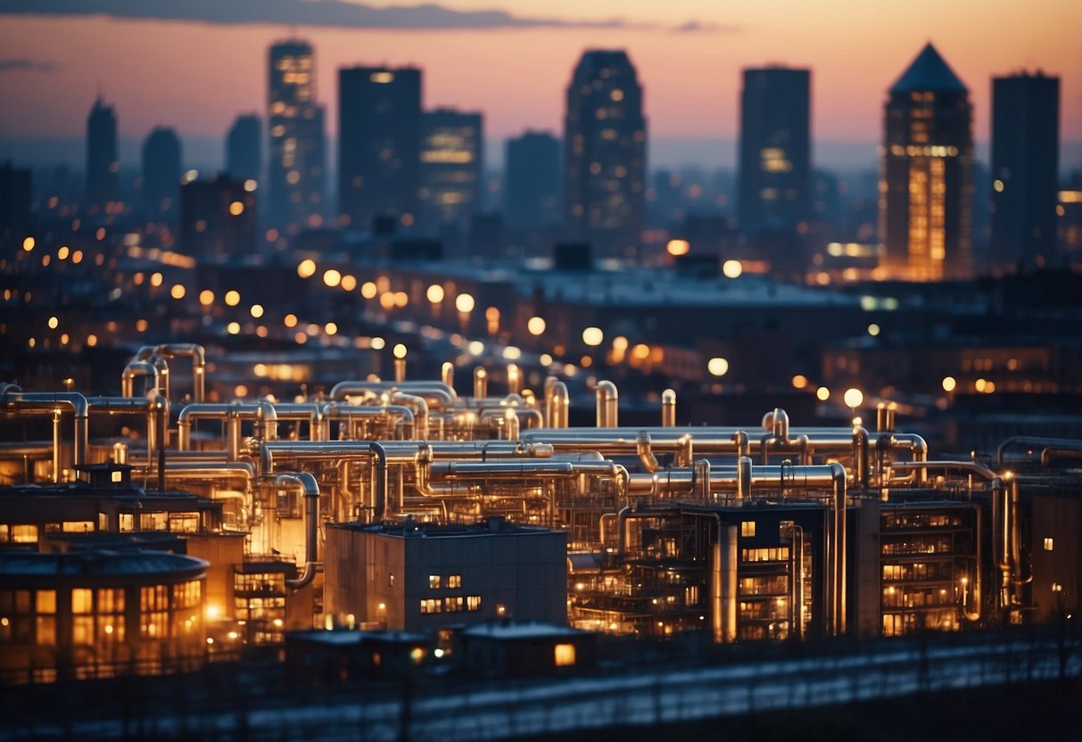 A city skyline with pipes and buildings, symbolizing the regulations and laws governing district heating systems