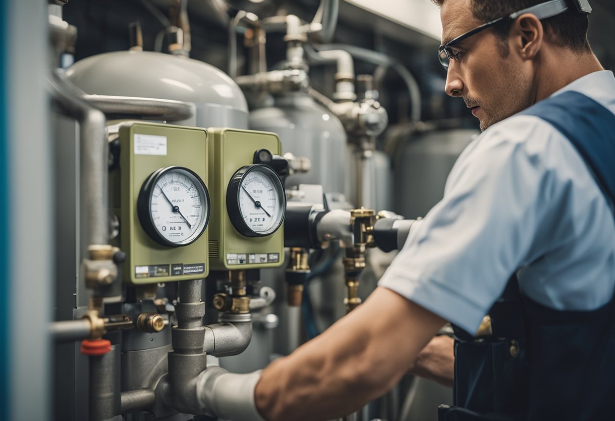 Een gasmeter wordt gecontroleerd en onderhouden door een technicus met gespecialiseerde gereedschappen en apparatuur in een goed verlichte en schone utiliteitsruimte.