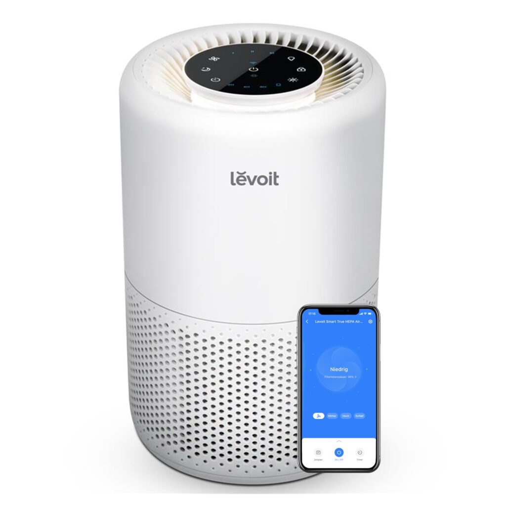 Levoit smart HEPA air purifier with touchscreen top and smartphone app control.