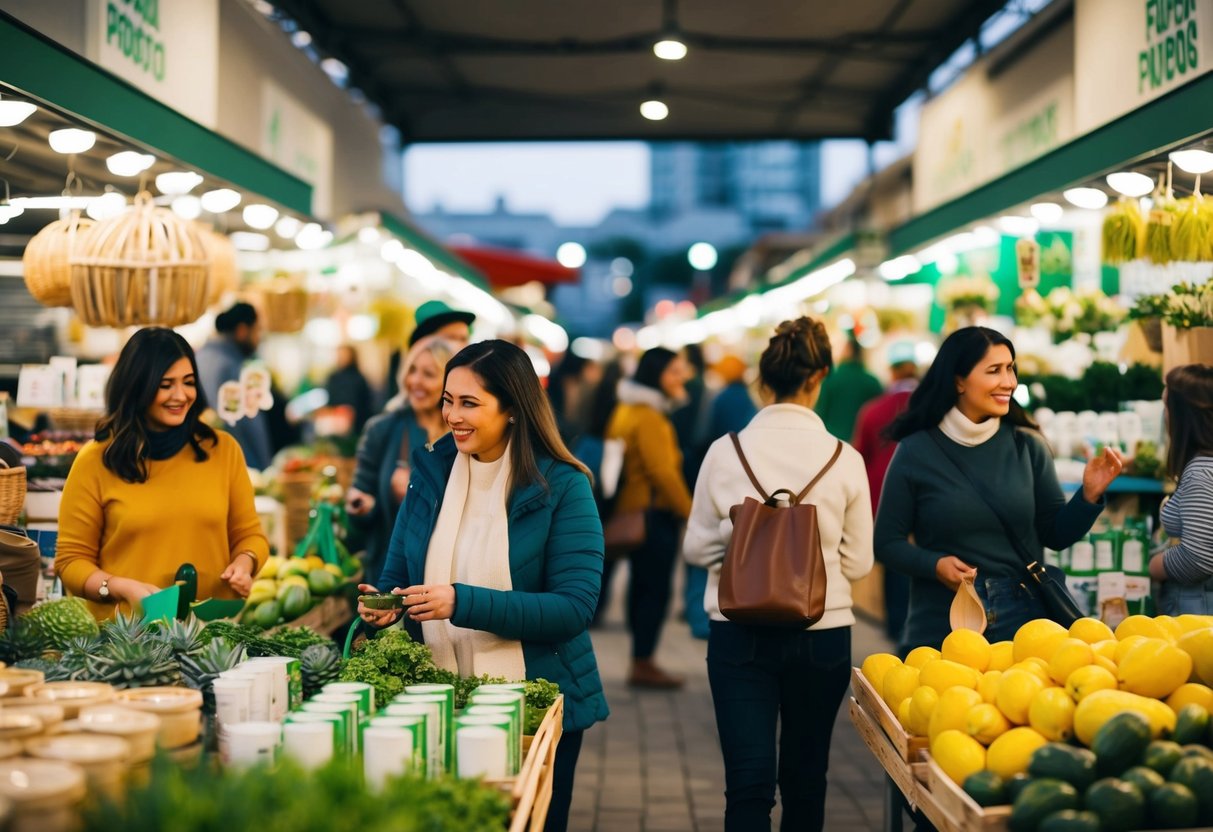 Begin met duurzaam consumeren: 7 praktische stappen naar een groenere levensstijl 1 Een drukke markt met verkopers die milieuvriendelijke producten verkopen en klanten die bewuste keuzes maken