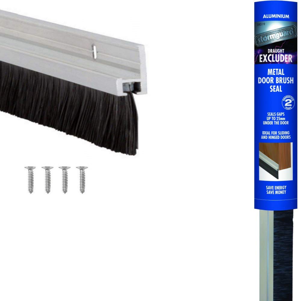 Draught excluder metal door brush seal with aluminum body and black bristles for energy efficiency.