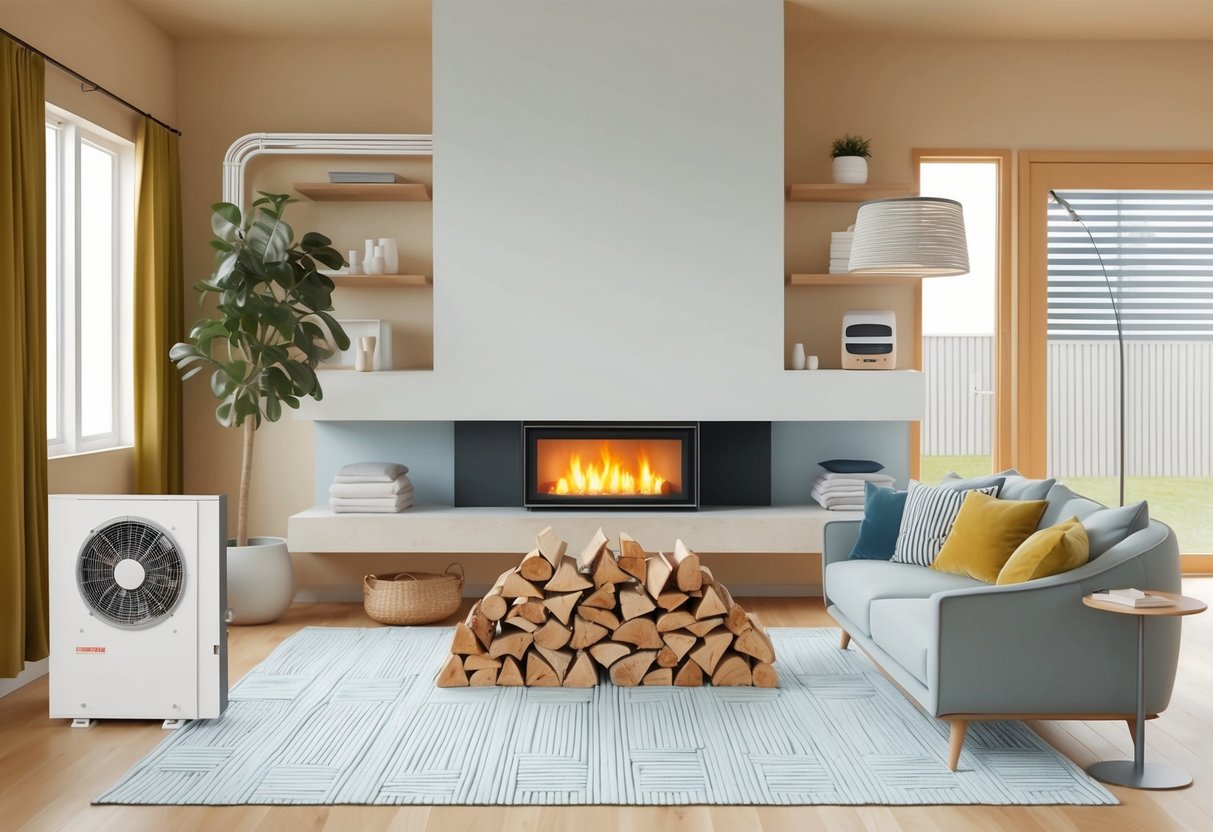 Een gezellige woonkamer met een moderne open haard en een stapel brandhout, omringd door energiezuinige verwarmingsopties zoals een warmtepomp en vloerverwarming.