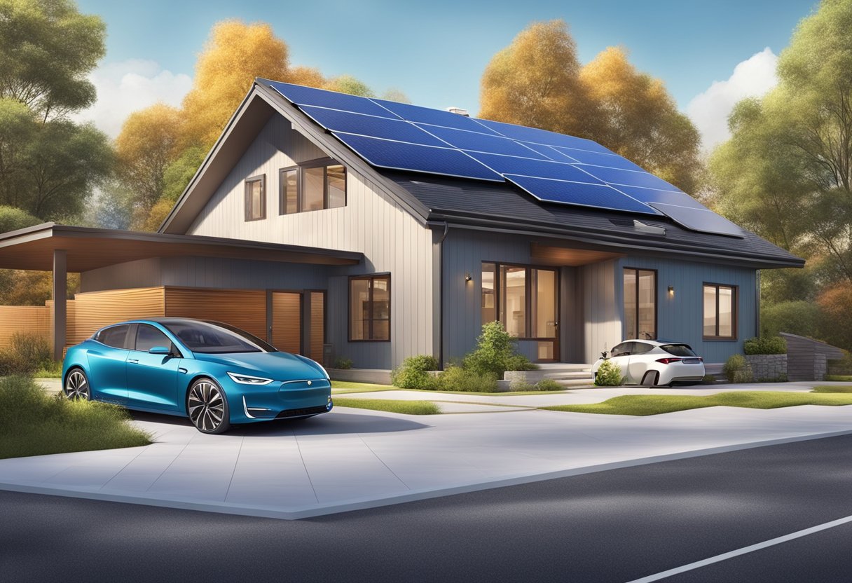 An all-electric home with solar panels on the roof, an electric car charging in the driveway, and energy-efficient appliances inside