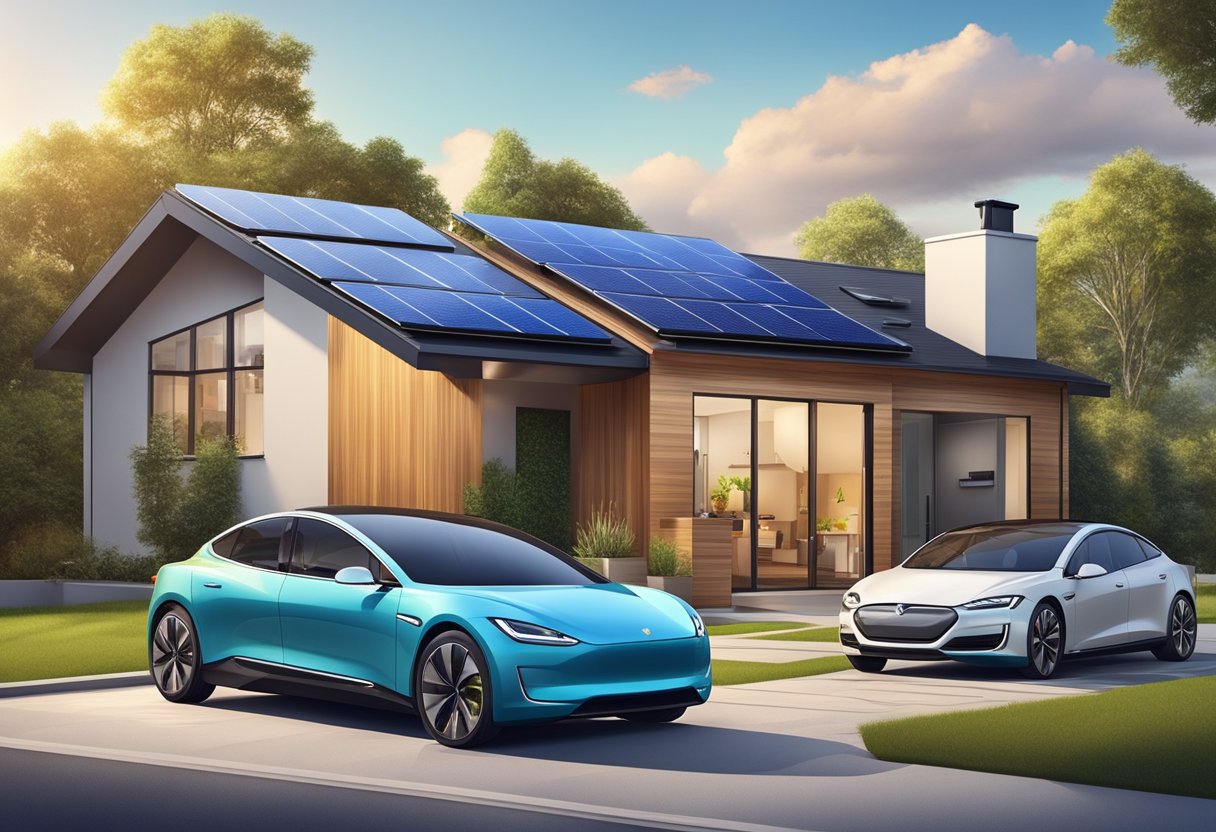 A modern, all-electric home with solar panels on the roof, an electric car charging in the driveway, and energy-efficient appliances inside