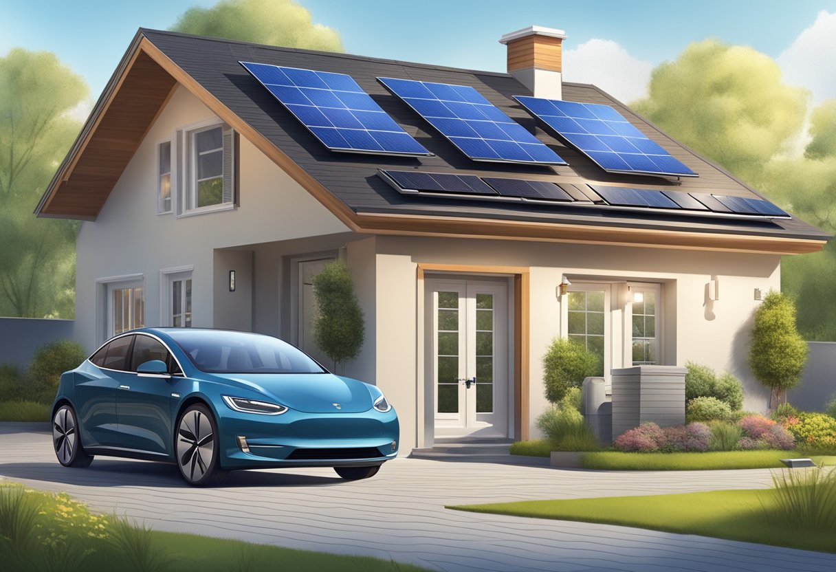 An all-electric home with solar panels on the roof, an electric car charging in the driveway, and energy-efficient appliances inside