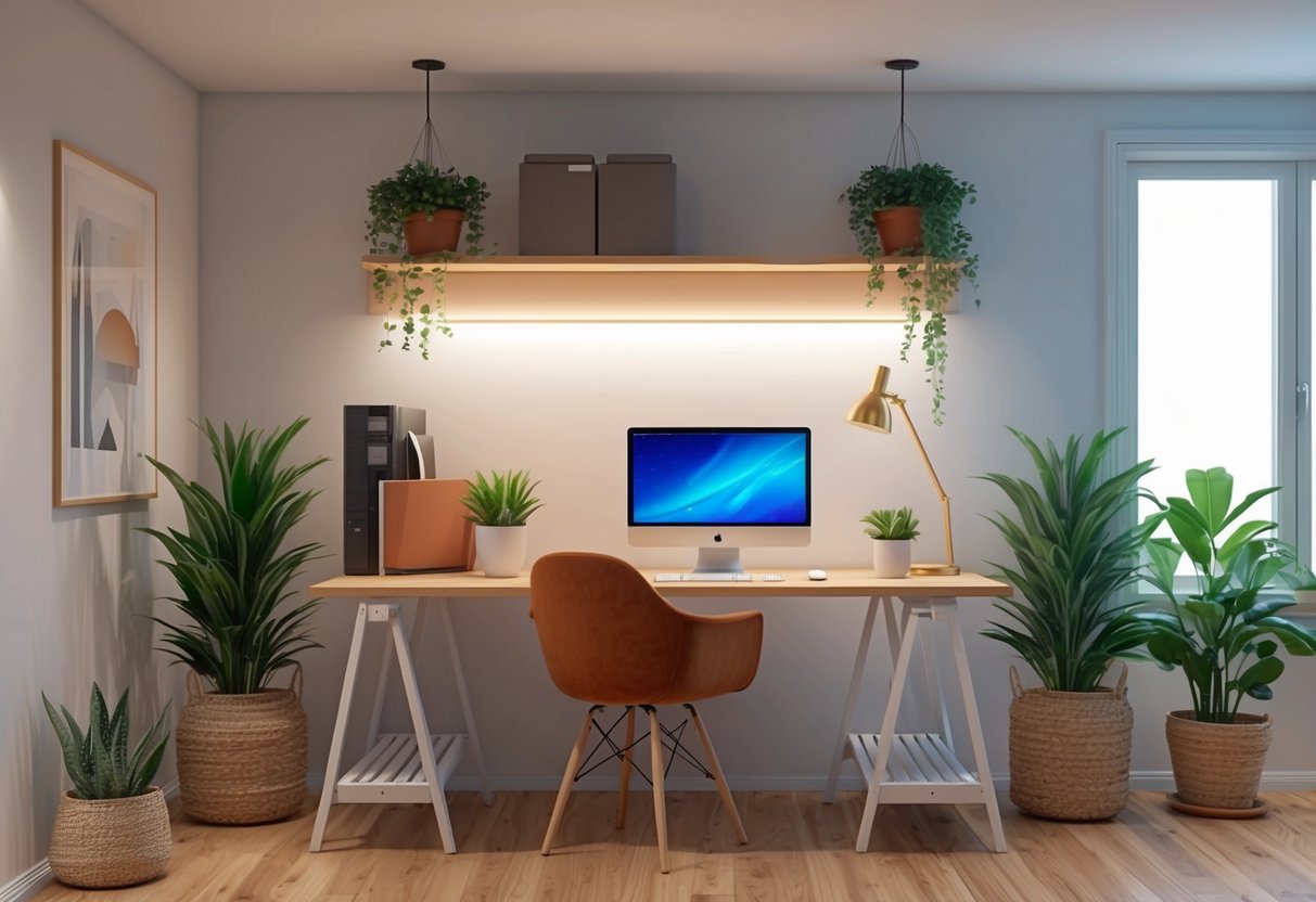 Een gezellige thuiswerkplek met LED-verlichting, een bureau, computer en potplanten