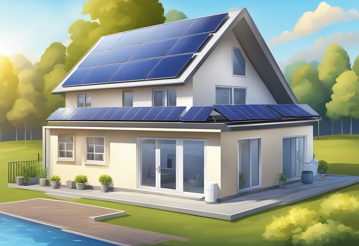 A modern all-electric house with a water heating system. Solar panels on the roof, electric heat pump, and a water tank