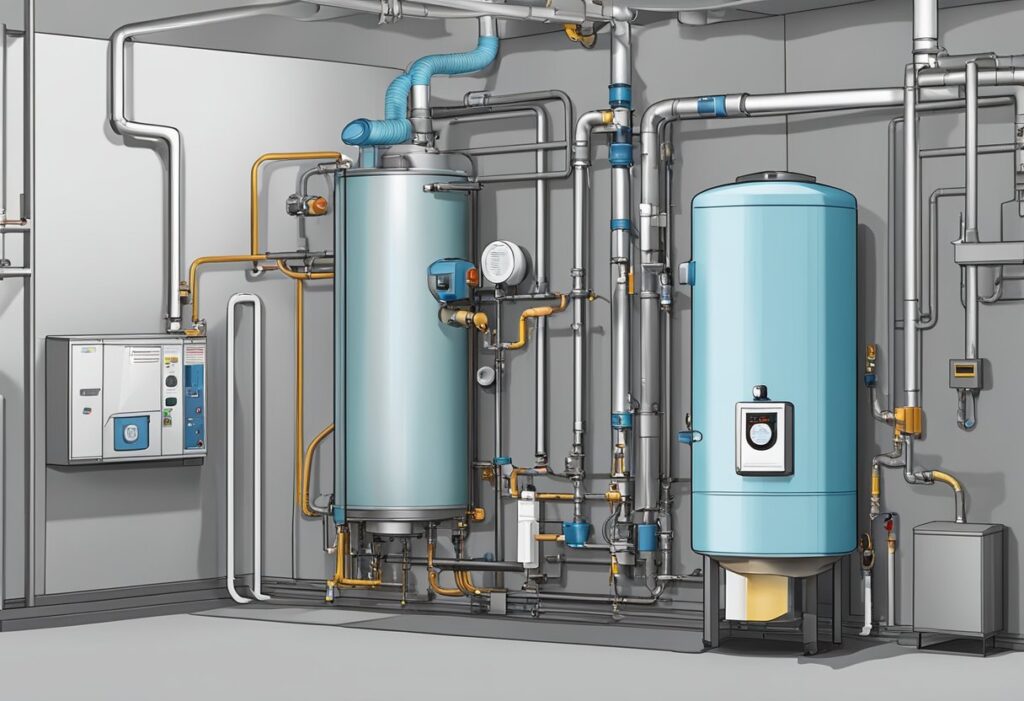 Modern industrial boiler room with blue tanks, gauges, valves, and extensive pipework.