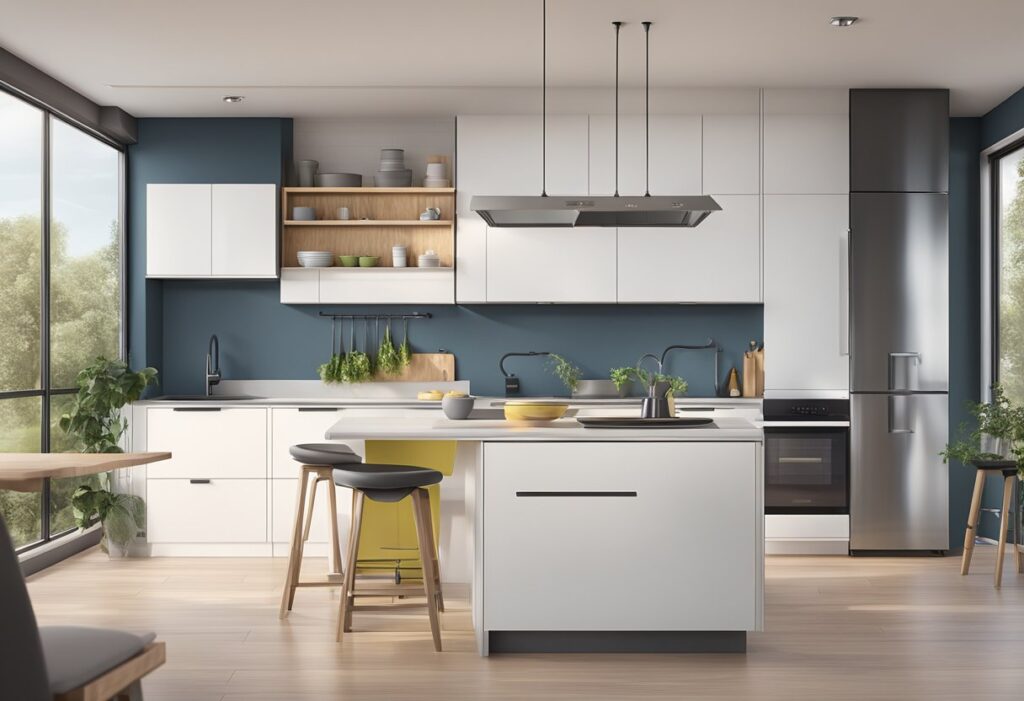 Modern kitchen with white and wood finishes, dark blue wall, island, and natural light.