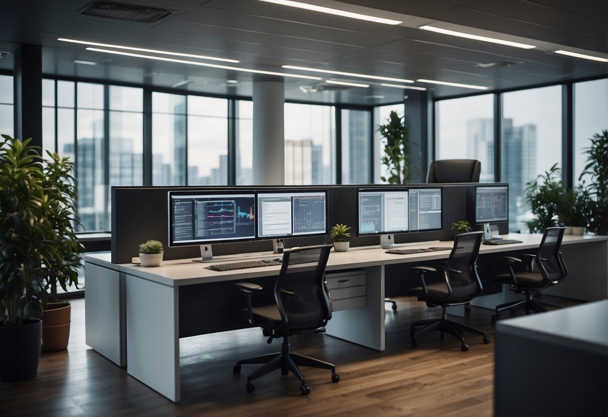 A modern office with DGB Energie branding, financial charts on screens, and employees working at desks