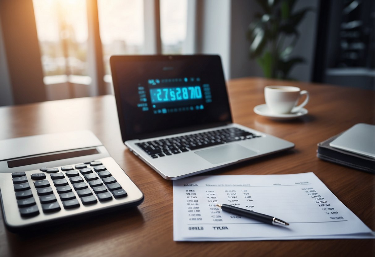 A table with a laptop, calculator, and paperwork showing "Tarieven en Kosten Qwint Energie."