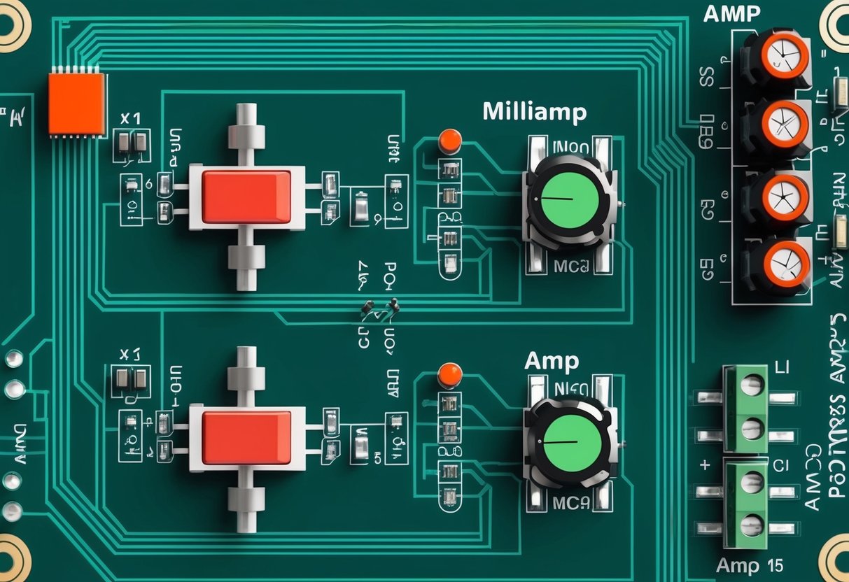 Een printplaat met milliamp- en amp-symbolen verbonden door elektrische lijnen