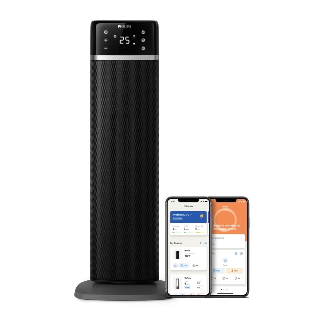 Philips smart tower heater with digital display and Air+ app control on smartphones.