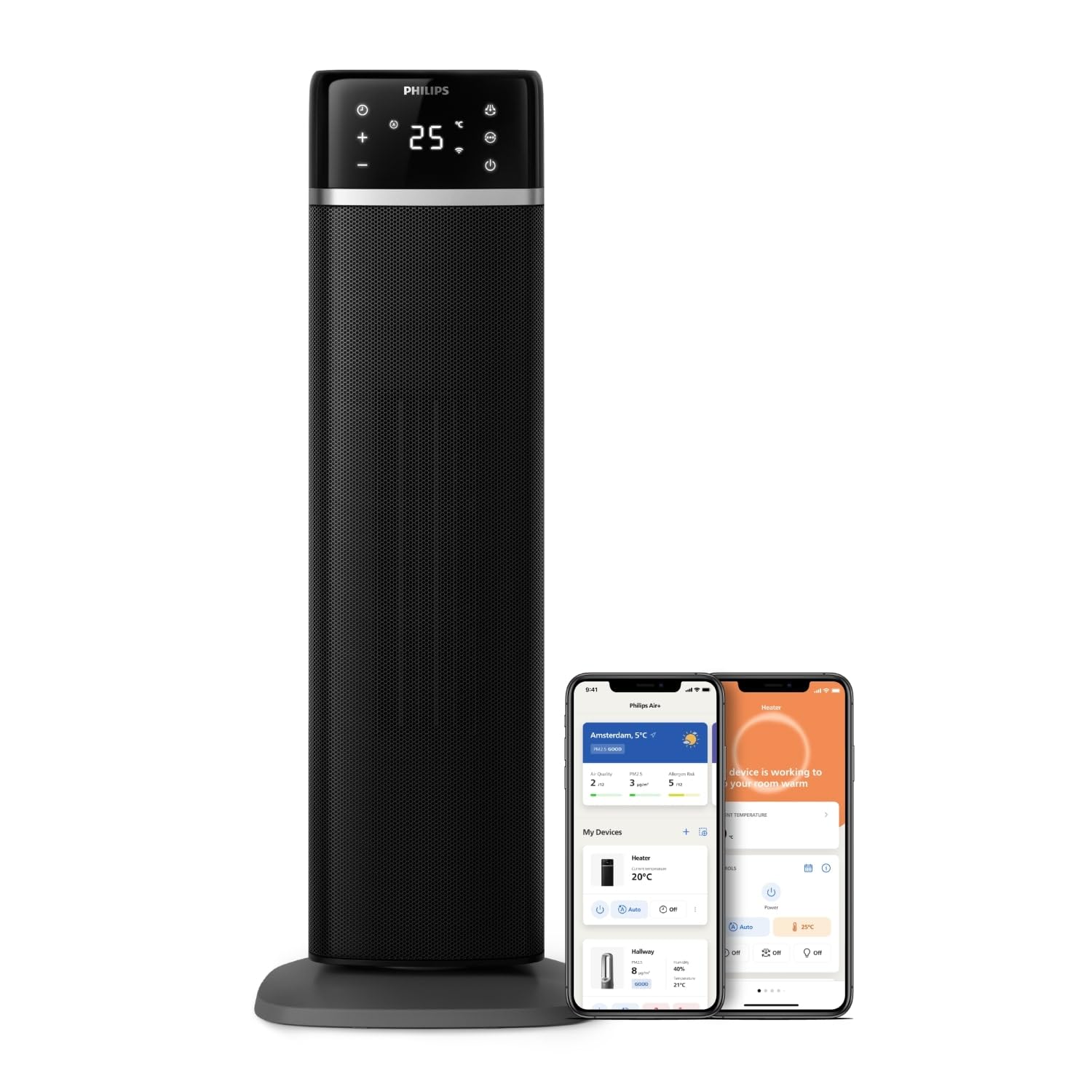 Philips smart tower heater with digital display and Air+ app control on smartphones.