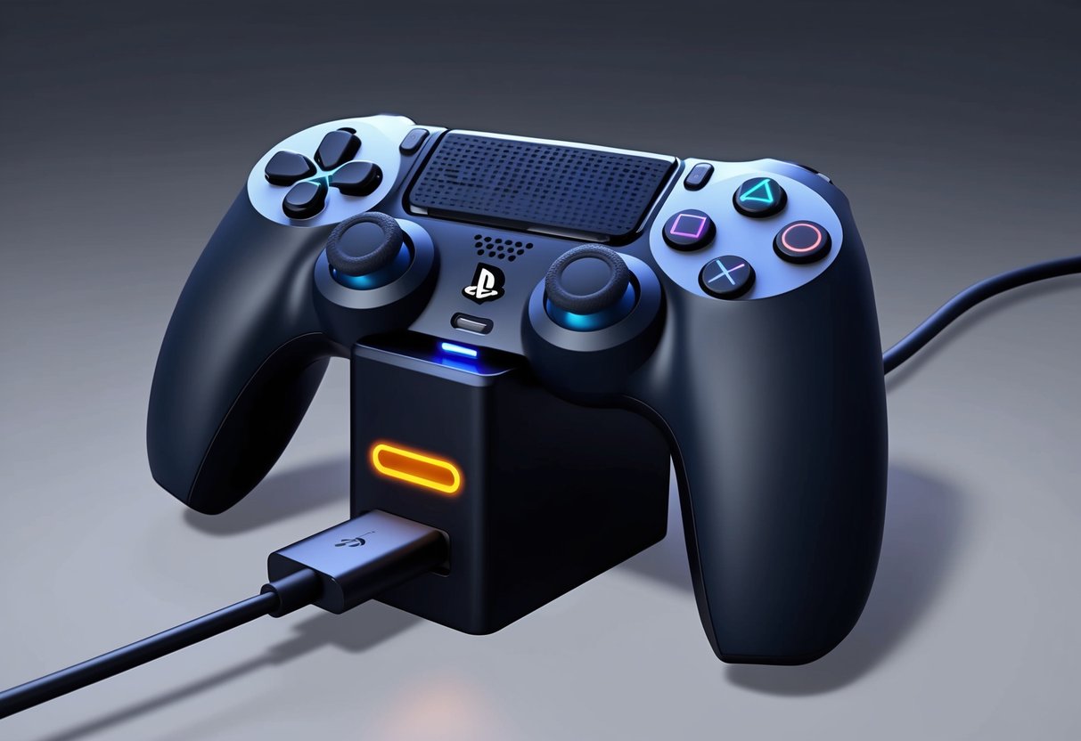 Een PS5 DualSense-controller staat op een oplaadstation met een USB-kabel die in de poort is gestoken. De LED-indicator van de controller gloeit oranje om aan te geven dat hij aan het opladen is.