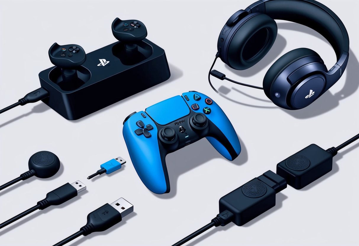 Een PS5-controller aangesloten op een oplaadkabel, omringd door verschillende accessoires zoals een headset, controller grips en een oplaadstation.