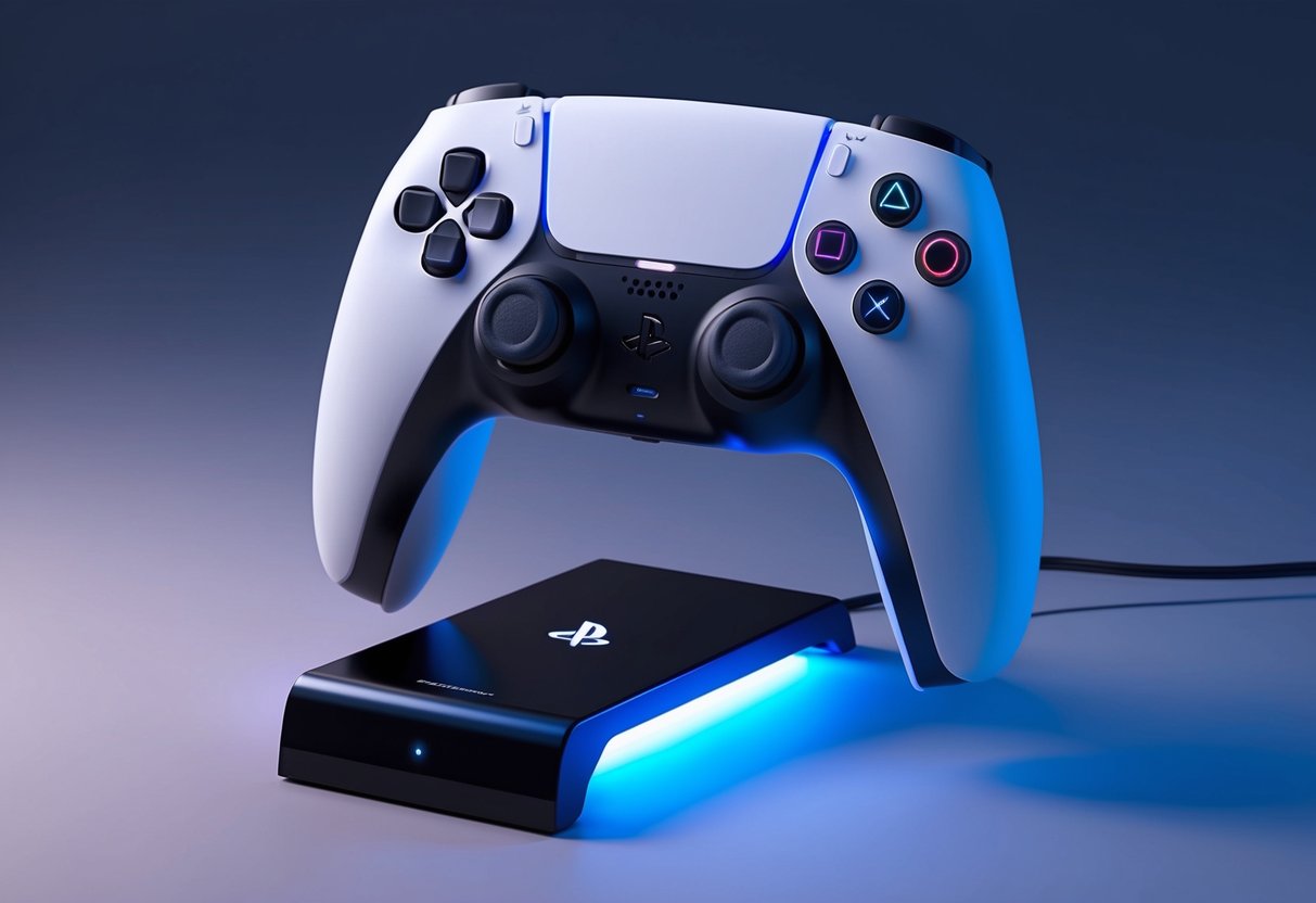 Een PS5-controller ligt op een stijlvolle oplaaddock, met een zachte gloed die aangeeft dat hij aan het opladen is.