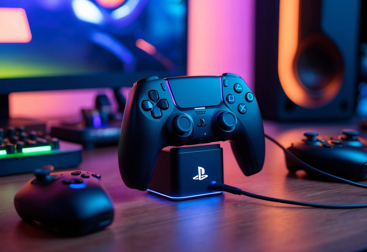 Een PS5-controller is geplaatst op een oplaadstation, omringd door gamingperipherals en een hightech gamingopstelling.