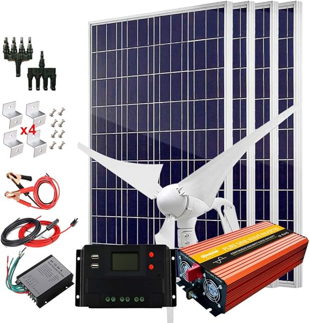 Zonnepaneelkit, 1Kw Wind Solar 12V-systeem met 200W omvormer voor dak: 6 stuks polykristallijne zonnepanelen + 400W windturbine-gener Recensie